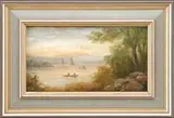 Initialed, Boating on Frenchman’s Bay, Oil on board scene shows several boats on tranquil water under a setting sun landscape. Initialed lower right “HO”