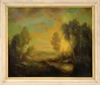 Impressionistic Sunset Landscape by John Henry Twachtman, Oil on canvas landscape scene shows a sunset, wispy trees, and small pond, sold Jan 2008