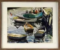 Meer Akselrod, Boats in Harbor, Watercolor scene shows a lobster boat with two figures next to five skiffs next to dock