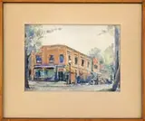 Unsigned, The Corner Block, Watercolor scene shows a corner building with storefront with several 1940’s cars on the street