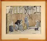 Betty-Jane M. Dwyer, Alley Scavengers-Marlborough Street Boston, 1948, Watercolor scene shows two men scavengering trash cans. A dog has grabbed a bit of debris and walks away
