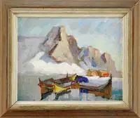 Signed, The Cold Harbor, Oil on masonite scene shows several small boats in a small harbor under tall rocky mountains with glacier ice