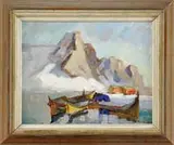 Signed, The Cold Harbor, Oil on masonite scene shows several small boats in a small harbor under tall rocky mountains with glacier ice
