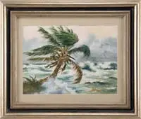 Alfred L. Copley, Tropical Coastline, Watercolor scene shows a large palm tree at end of coastal point with large waves crashing ashore