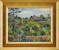 Allan Gilbert Cram, Buildings on Hillside, Oil on canvas board scene shows several buildings on a grass and bush hillside with a rock wall in foreground