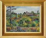 Allan Gilbert Cram, Buildings on Hillside, Oil on canvas board scene shows several buildings on a grass and bush hillside with a rock wall in foreground