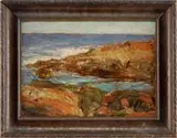 Charles Allen Winter, Gloucester Rocks, Oil on board coastline scene shows colorful rocks and small inlet with open ocean beyond
