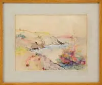Nicholas J. Luisi, Cliffs at Sea, Colored pencil sketch of a cliff shoreline with colorful tree