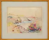 Nicholas J. Luisi, Cliffs at Sea, Colored pencil sketch of a cliff shoreline with colorful tree