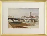 Reginald Marsh, Firenze, Florence, Watercolor scene shows a six arch stone bridge over a river in a cityscape having a tall tower