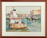 Christine Urrida, Tugs at Bay, Watercolor harbor scene shows three small tugboats in city port area