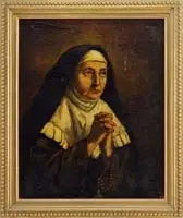 L. O. Kurz, In Prayer, Oil on canvas half portrait of a nun with hands clasped praying. She wears a rosary and cross