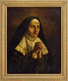 L. O. Kurz, In Prayer, Oil on canvas half portrait of a nun with hands clasped praying. She wears a rosary and cross