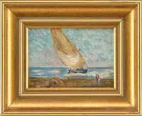 Joaquín Sorolla, Sailboat at Valencia, Oil on masonite small scene shows a sailboat near flat shoreline with two figures