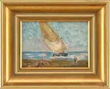 Joaquín Sorolla, Sailboat at Valencia, Oil on masonite small scene shows a sailboat near flat shoreline with two figures