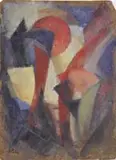 Alexander Exter, Modern Abstract, Oil on light board abstract scene shows geometric shapes in colors of yellow, red, green and black