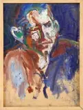 Abbey Shahn, Portrait of a Man, Oil on board half portrait of a man. The work is a sketch using various colors housed in a simple wood frame