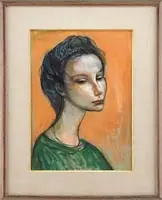 Josef Presser, Portrait of a Woman, Mixed media portrait shows a young girl wearing a green shirt. She looks downward with closed mouth