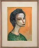 Josef Presser, Portrait of a Woman, Mixed media portrait shows a young girl wearing a green shirt. She looks downward with closed mouth
