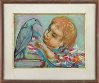 Josef Presser, My Friend, Mixed media scene shows a young girl in colorful dress looking at a perched bird