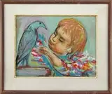Josef Presser, My Friend, Mixed media scene shows a young girl in colorful dress looking at a perched bird