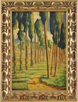 Horace Brodzky, Cypress Grove at Girgenti, Oil on board scene shows a path through tall Cypress trees with green grass