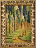 Horace Brodzky, Cypress Grove at Girgenti, Oil on board scene shows a path through tall Cypress trees with green grass