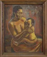 Emma Amos, Mother & Child, Oil on masonite scene shows a young black woman with her child in her lap, both without clothes