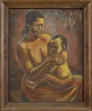 Emma Amos, Mother & Child, Oil on masonite scene shows a young black woman with her child in her lap, both without clothes