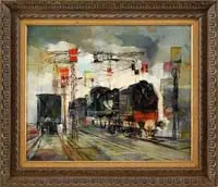 Georges Vial, Batignolles, Oil on canvas train station scene shows a large black locomotive with tender at rest under colorful lights