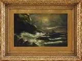 Thomas Frederick Collier, The Coastal Gale, Oil on canvas marine scene shows several sailboats along a rocky coast with dark storm clouds and churned up sea
