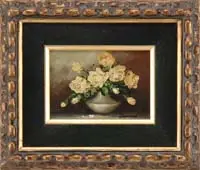 Brandon Desmond, Still Life, Oil on board still life scene shows white flowers in light gray vase