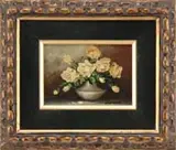 Brandon Desmond, Still Life, Oil on board still life scene shows white flowers in light gray vase