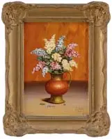 Weley, Still Life of Lilacs, Oil on masonite still life scene shows a brass and copper pitcher holding different color lilacs