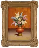 Weley, Still Life of Lilacs, Oil on masonite still life scene shows a brass and copper pitcher holding different color lilacs
