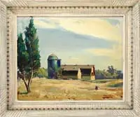Peter Cook, Two Barns at Heathcote Farm, Oil on canvas landscape showing a hayfield outside two barns with large green silo, another farm is seen in the distance