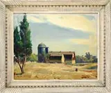 Peter Cook, Two Barns at Heathcote Farm, Oil on canvas landscape showing a hayfield outside two barns with large green silo, another farm is seen in the distance