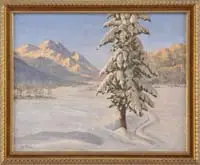 Fattori, Winter Landscape, Oil on canvas scene shows snow covered mountains and valley floor. Recent snow covers a pine tree in the foreground