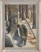 Unsigned, Maple Sugar Time, Oil on wood panel shows a grove of maple trees with sap buckets in place and a man gathering sap