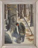 Unsigned, Maple Sugar Time, Oil on wood panel shows a grove of maple trees with sap buckets in place and a man gathering sap