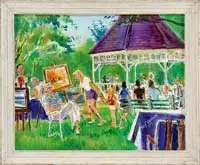 Raymond White Skofield, Hallowell Maine Art Show, Oil on canvas board shows an artist with several paintings on easels in a park setting with a gazebo and people