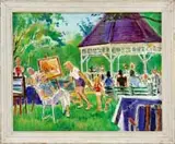 Raymond White Skofield, Hallowell Maine Art Show, Oil on canvas board shows an artist with several paintings on easels in a park setting with a gazebo and people