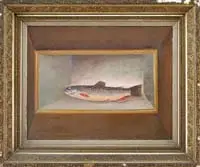 S.A. Bailey, Brook Trout in Shadowbox, Oil on canvas scene shows a brook trout lying inside a shadowbox frame