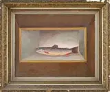 S.A. Bailey, Brook Trout in Shadowbox, Oil on canvas scene shows a brook trout lying inside a shadowbox frame