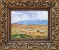 Alberto Garduno, Landscape with Mesas, Oil on board scene shows a panoramic landscape with a group of mesas beneath a tall mountain peak covered with snow