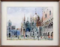 F. Massingto, Italian City Square, Watercolor scene shows a large cathedral with a gold domed building behind. Figures crowd the city square