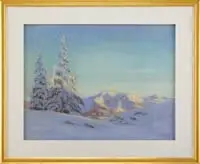 Herbert Foerester, Alpine Glade, Pastel winter scene shows a snow covered glade with two trees and mountains beyond under a multi-blued colored sky