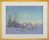 Herbert Foerester, Alpine Glade, Pastel winter scene shows a snow covered glade with two trees and mountains beyond under a multi-blued colored sky