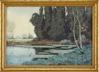 Royal Hill Milleson, Calm Waters, Watercolor scene shows a pond with pond lilies reflecting the landscape surrounding it