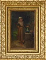 Edwin Austin Abbey, The Water Girl, Oil on canvas laid on panel scene shows a young woman standing barefoot next to a stone well with green water pitcher